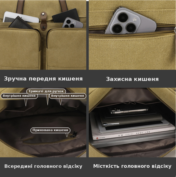 Сумка чоловіча з канвасу через плече містка з ручками та кишенями коричнева S250-2 фото